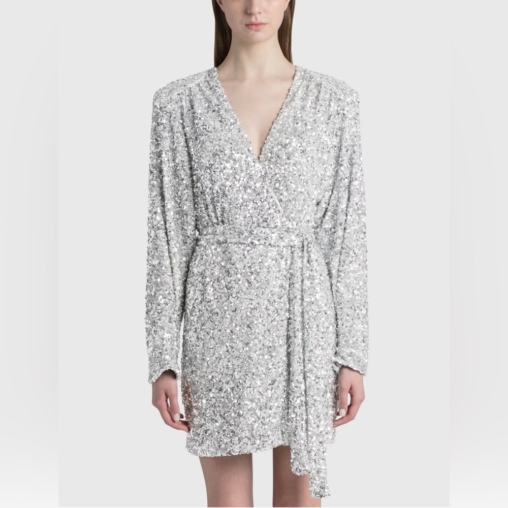 ROTATE Samantha silver sequined mini wrap dress